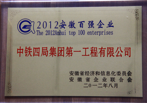 公司荣获2012年度安徽企业100强称号